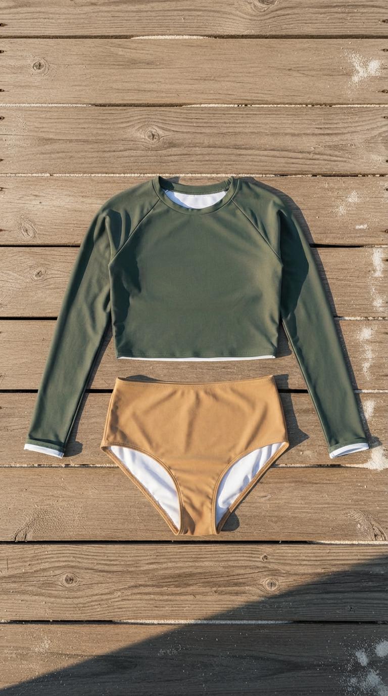 Long Sleeve Crop Top Swimsuit: High-Waist, UV Protection, Surfing Swimwear