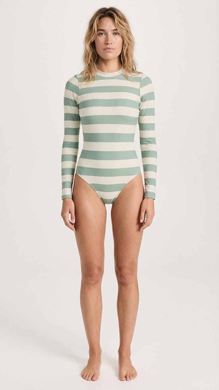 Retro Long-Sleeve One-Piece Swimsuit - Back Zipper - Lightweight - Soft Chest Pads - Sage Green / White Stripy
