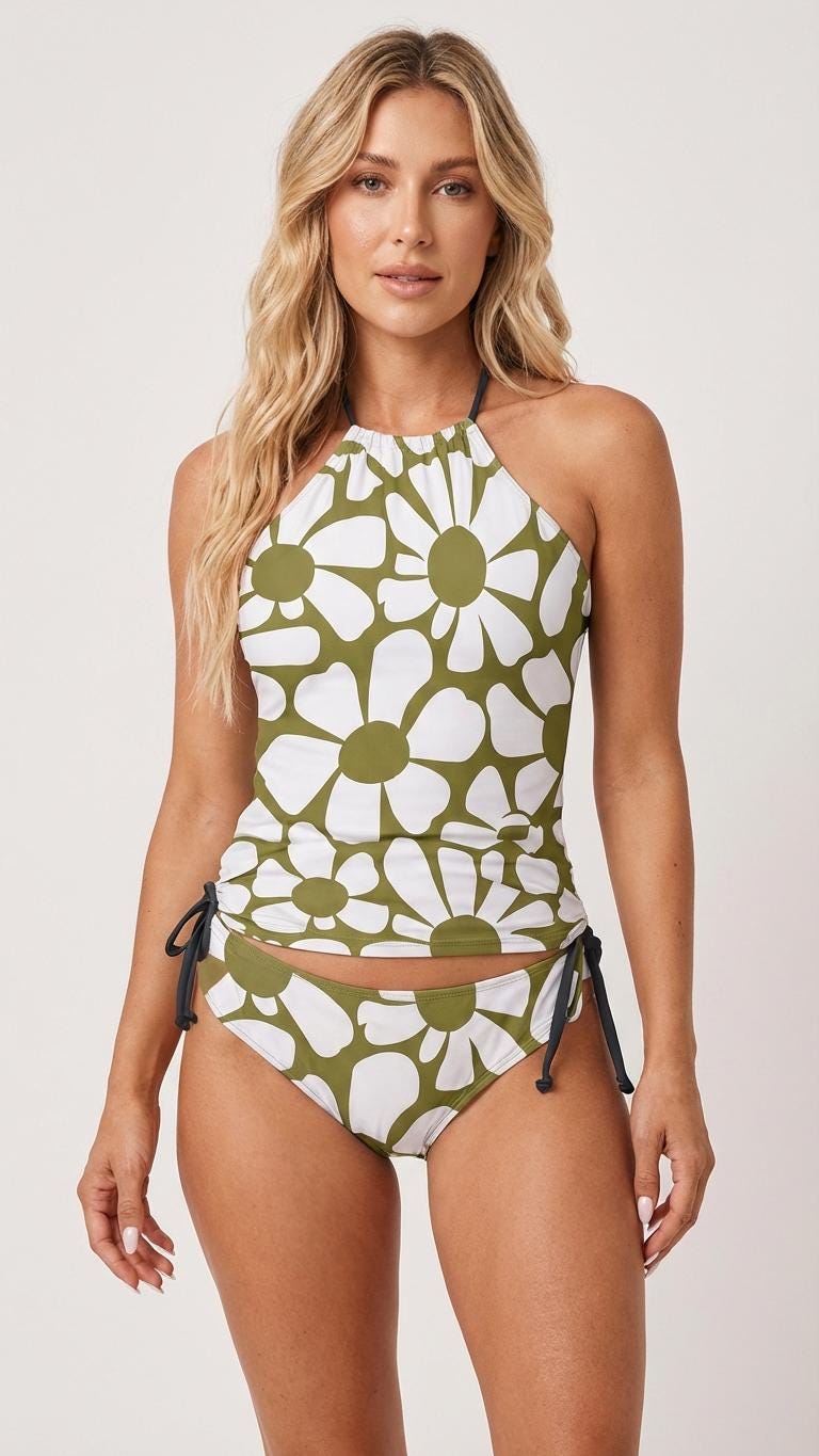 Retro Floral Tankini: 1960s Halter Swimsuit with Drawstrings