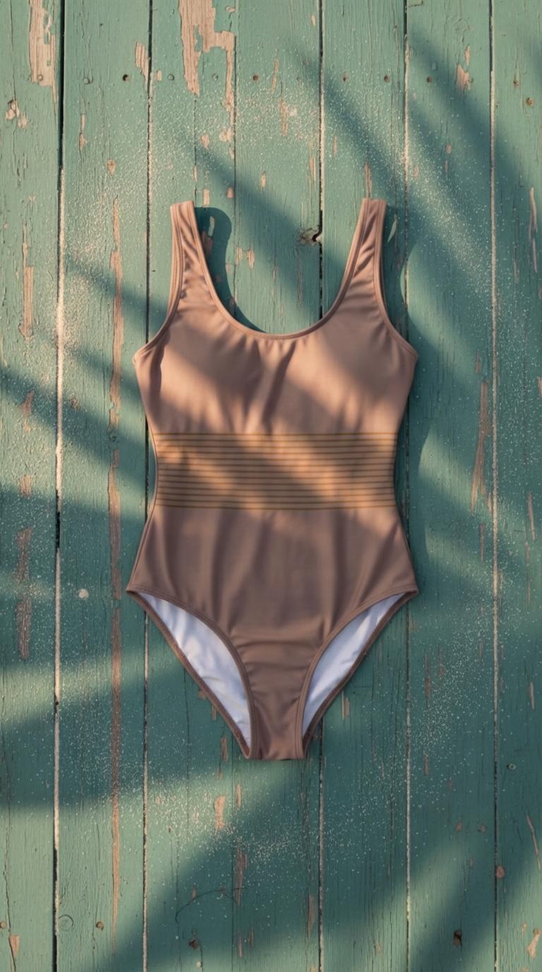 Retro Brown 1970s Stripy One-Piece Swimsuit Backless Scoop Neck Groovy Mod Vintage-Inspired, 3 Colours