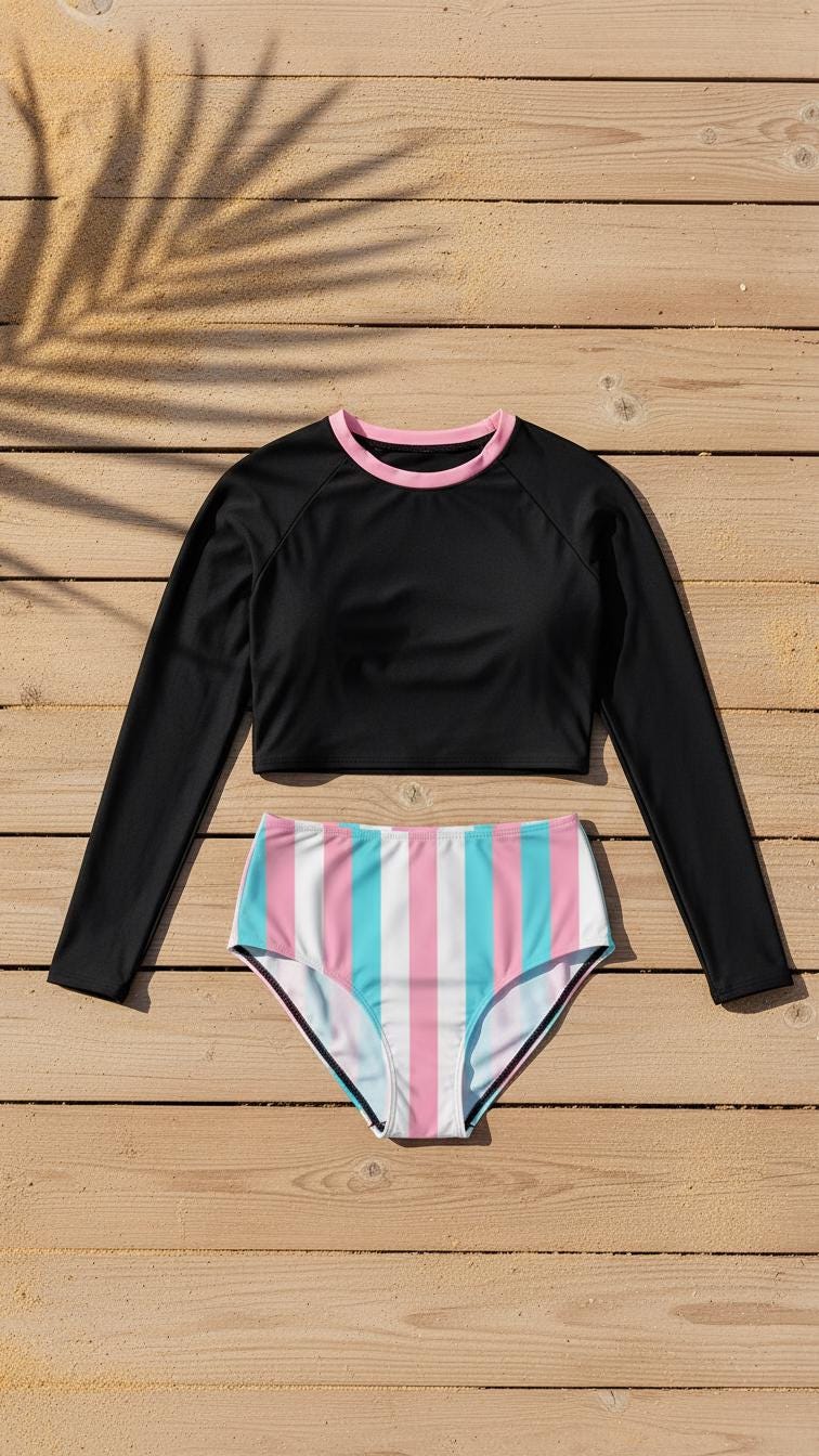 Emo Y2K Goth Grunge High-Waist Bikini | Sporty Long Sleeve Crop Top Swimsuit | Black & Bubblegum