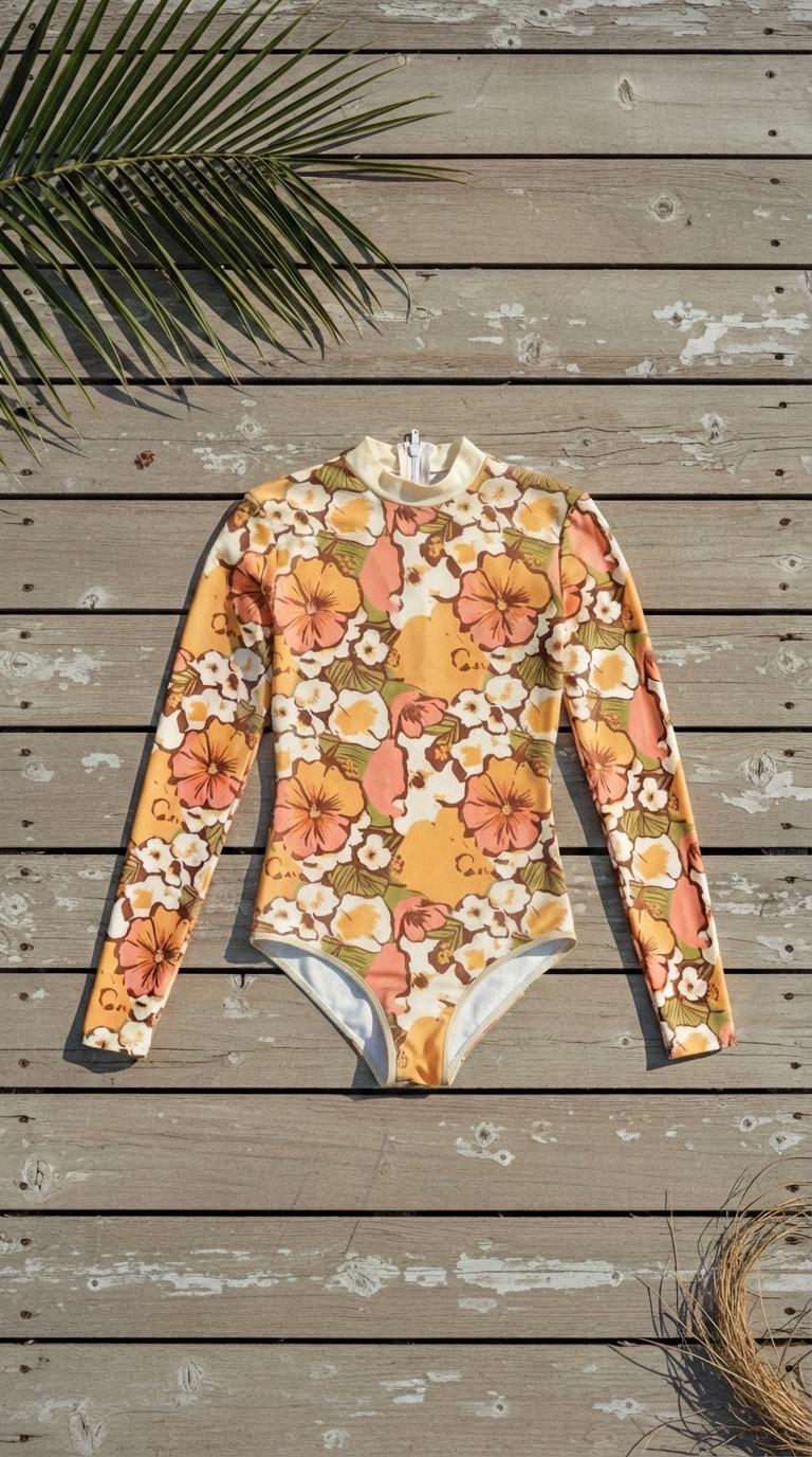 Boho 1960s Floral Psychedelic Retro Long-Sleeve One-Piece Swimsuit - Back Zipper - Soft Chest Pads