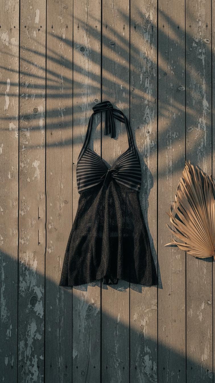 Goth Halter Tankini Swimsuit - Black Mesh, Vintage Stripe