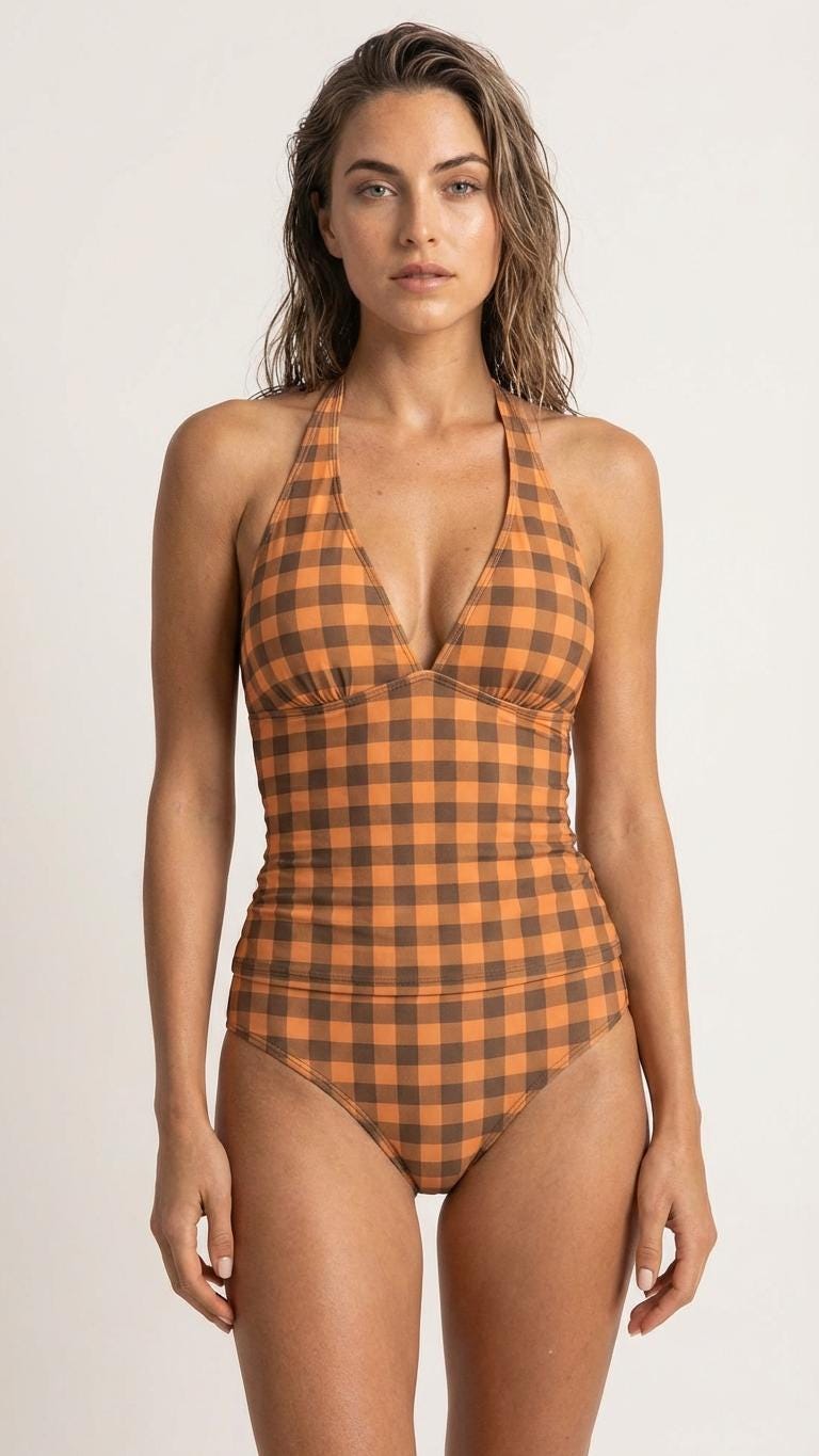 Retro Chic Classic Active Split Surf Tankini Swimsuit - Vintage Gingham Checker Styles