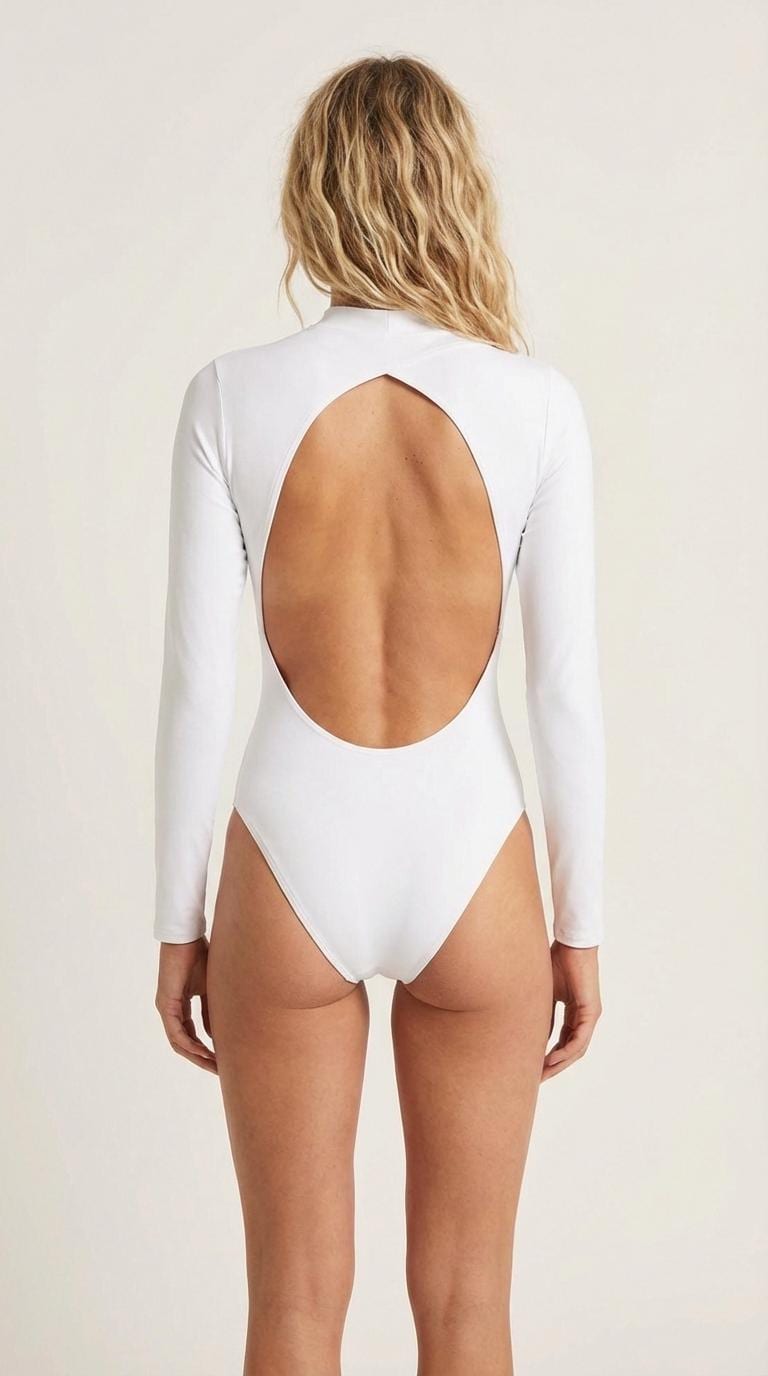 White Long Sleeve Swimsuit, Open-Back Coquette Soft Goth, Lined Front, Removable Pads
