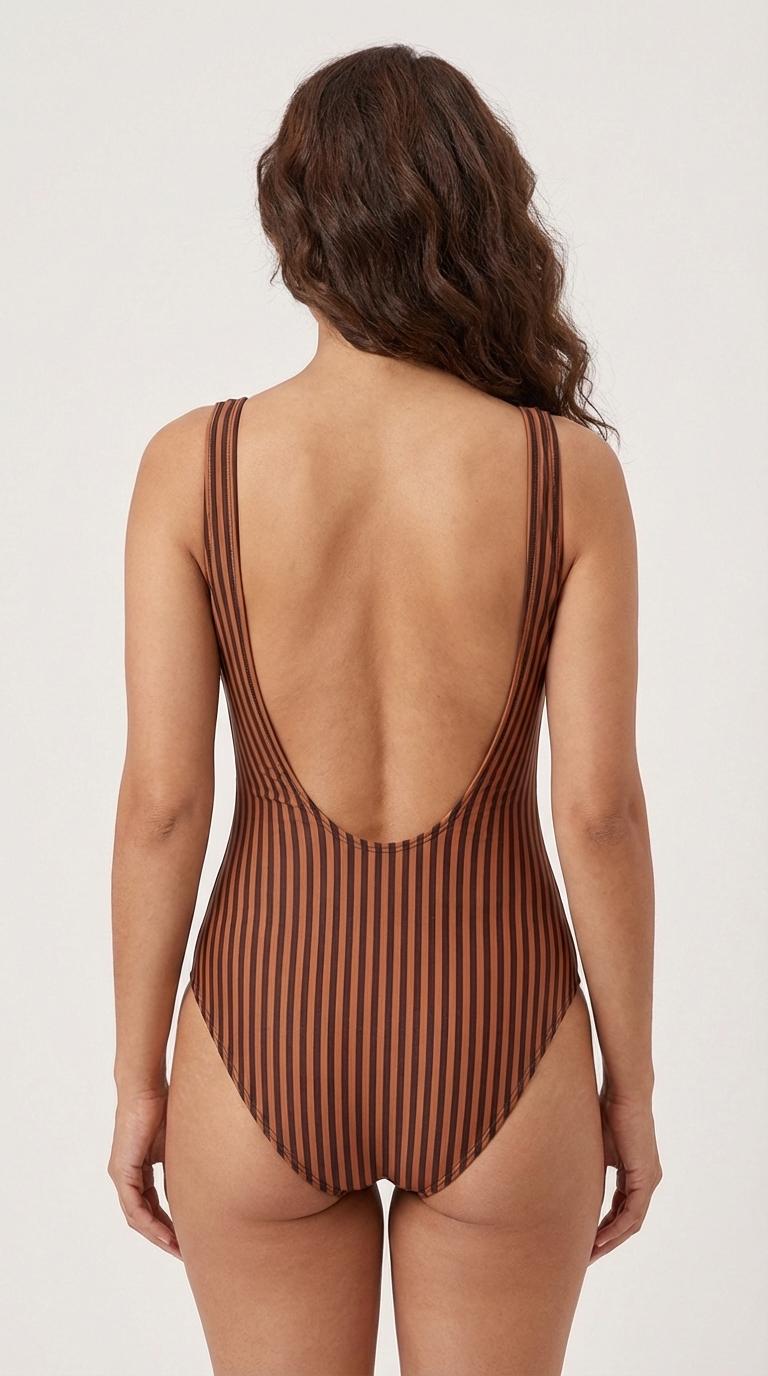 Retro Striped One-Piece Swimsuit, Rust Orange & Black, High Leg