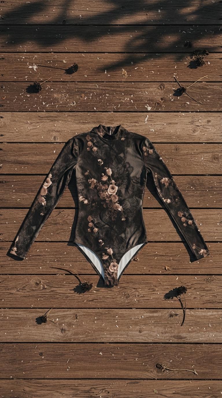 Grunge Goth Black Long-Sleeve One-Piece Swimsuit - Back Zipper - Lightweight - Soft Chest Pads - Lace & Roses