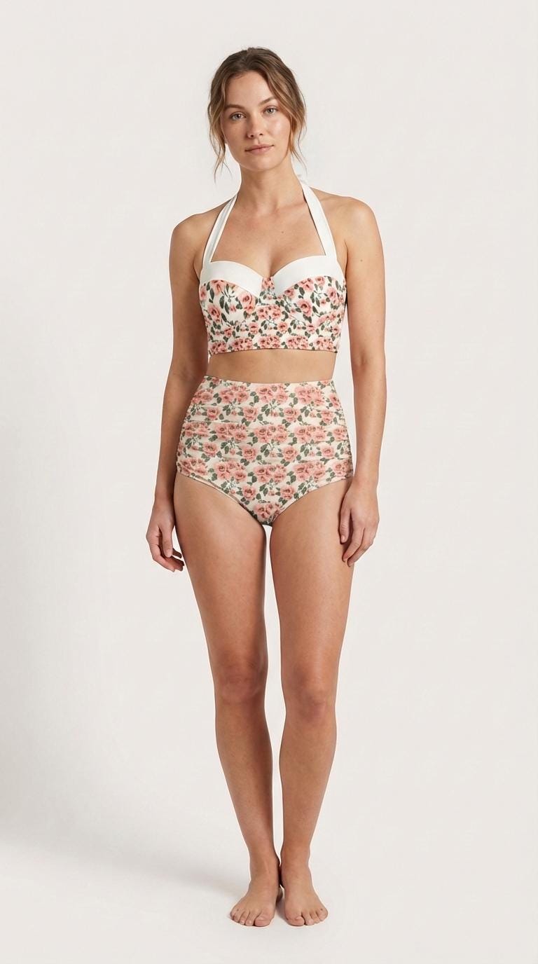 Vintage High-Waisted Bikini | Retro Classic Roses Halter Swimsuit | Coquette Ruched Two-Piece | 2 Styles