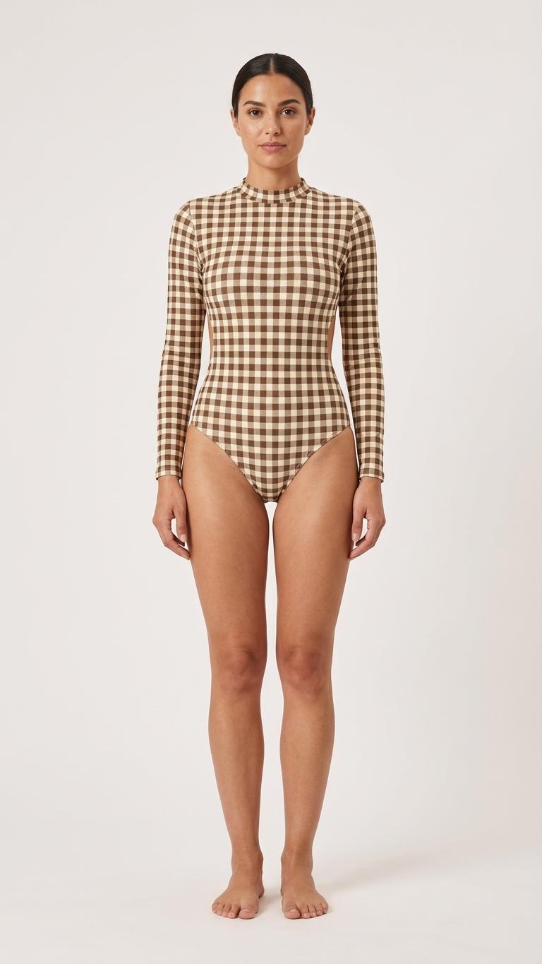 Brown Gingham Long Sleeve Open Back Swimsuit, One-Piece Surf Swimwear, Front Lined, Removable Padding