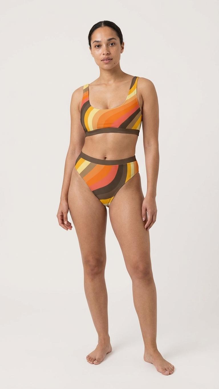 Retro Groovy 1960s-Colours Sporty Sexy Surfing Bikini – High-Waisted Swimsuit, Scoop-Neck Crop-Top, Flattering High-Leg