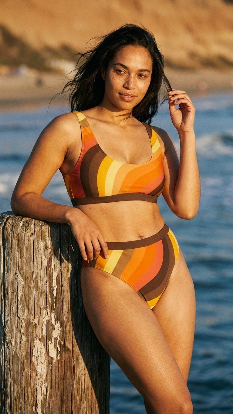 Retro Groovy 1960s-Colours Sporty Sexy Surfing Bikini – High-Waisted Swimsuit, Scoop-Neck Crop-Top, Flattering High-Leg