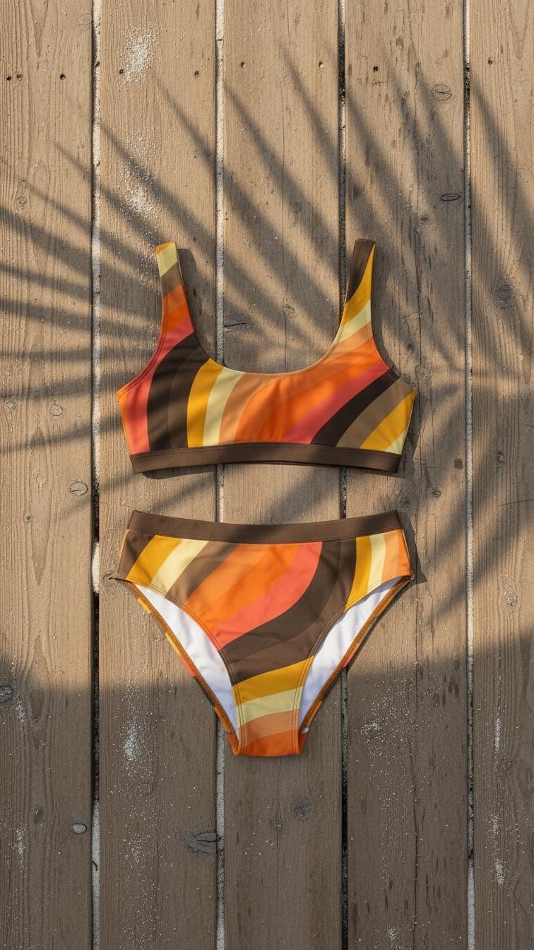 Retro Groovy 1960s-Colours Sporty Sexy Surfing Bikini – High-Waisted Swimsuit, Scoop-Neck Crop-Top, Flattering High-Leg