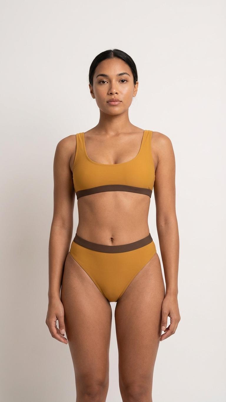 Retro Sporty Sexy Surfing Bikini – High-Waisted Swimsuit, Scoop-Neck Crop-Top, Flattering High-Leg – Earthy Colours