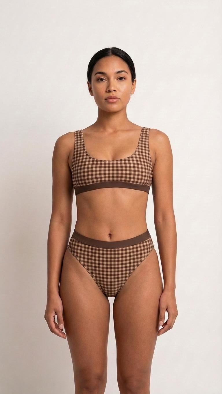 Chocolate Brown Gingham Sporty Sexy Surfing Bikini – High-Waisted Swimsuit, Scoop-Neck Crop-Top, Flattering High-Leg