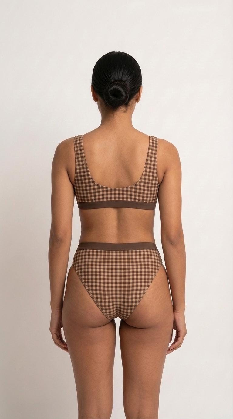 Chocolate Brown Gingham Sporty Sexy Surfing Bikini – High-Waisted Swimsuit, Scoop-Neck Crop-Top, Flattering High-Leg
