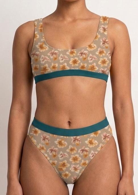 Retro Floral Taupe Sporty Sexy Surfing Bikini – High-Waisted Swimsuit, Scoop-Neck Crop-Top, Flattering High-Leg