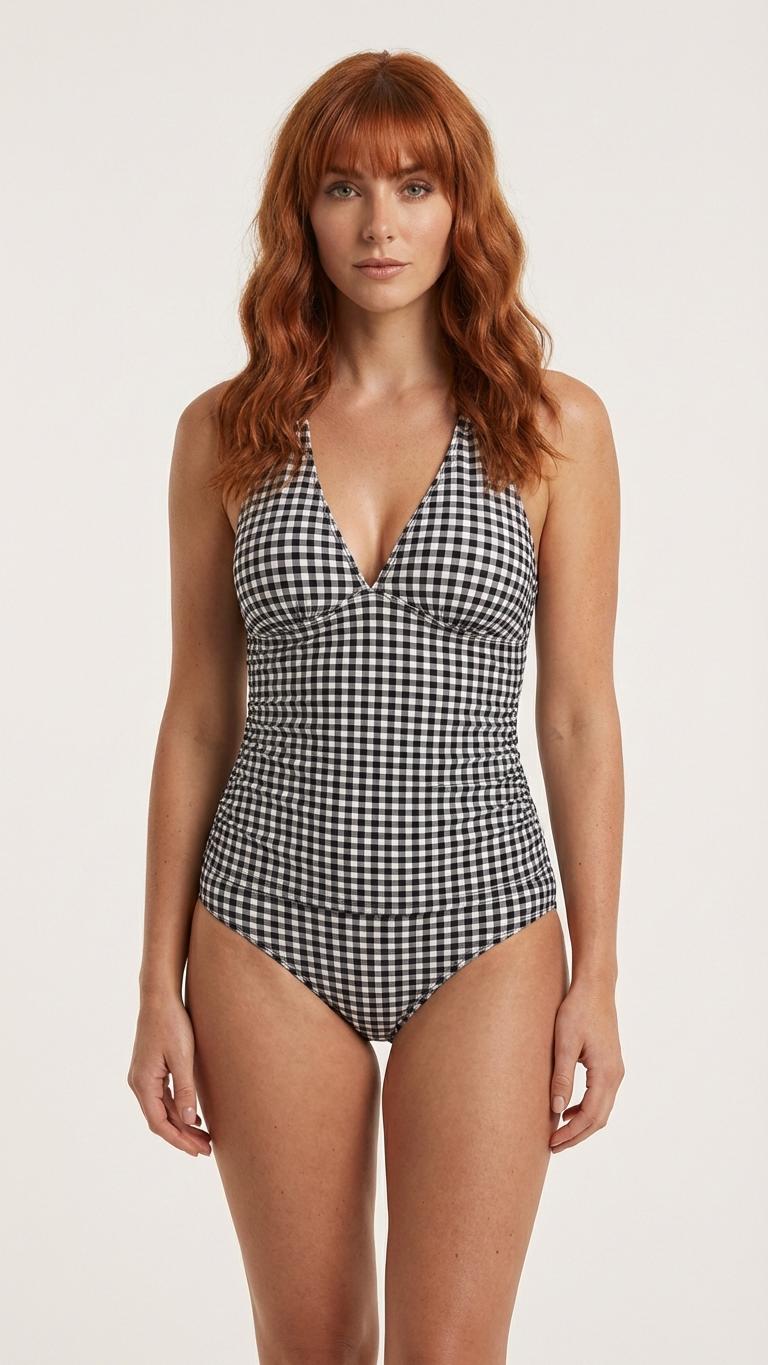 Black Gingham Adjustable Halter Tankini | V-Neck Split Two-Piece Halter Retro Swimsuit | Checkered