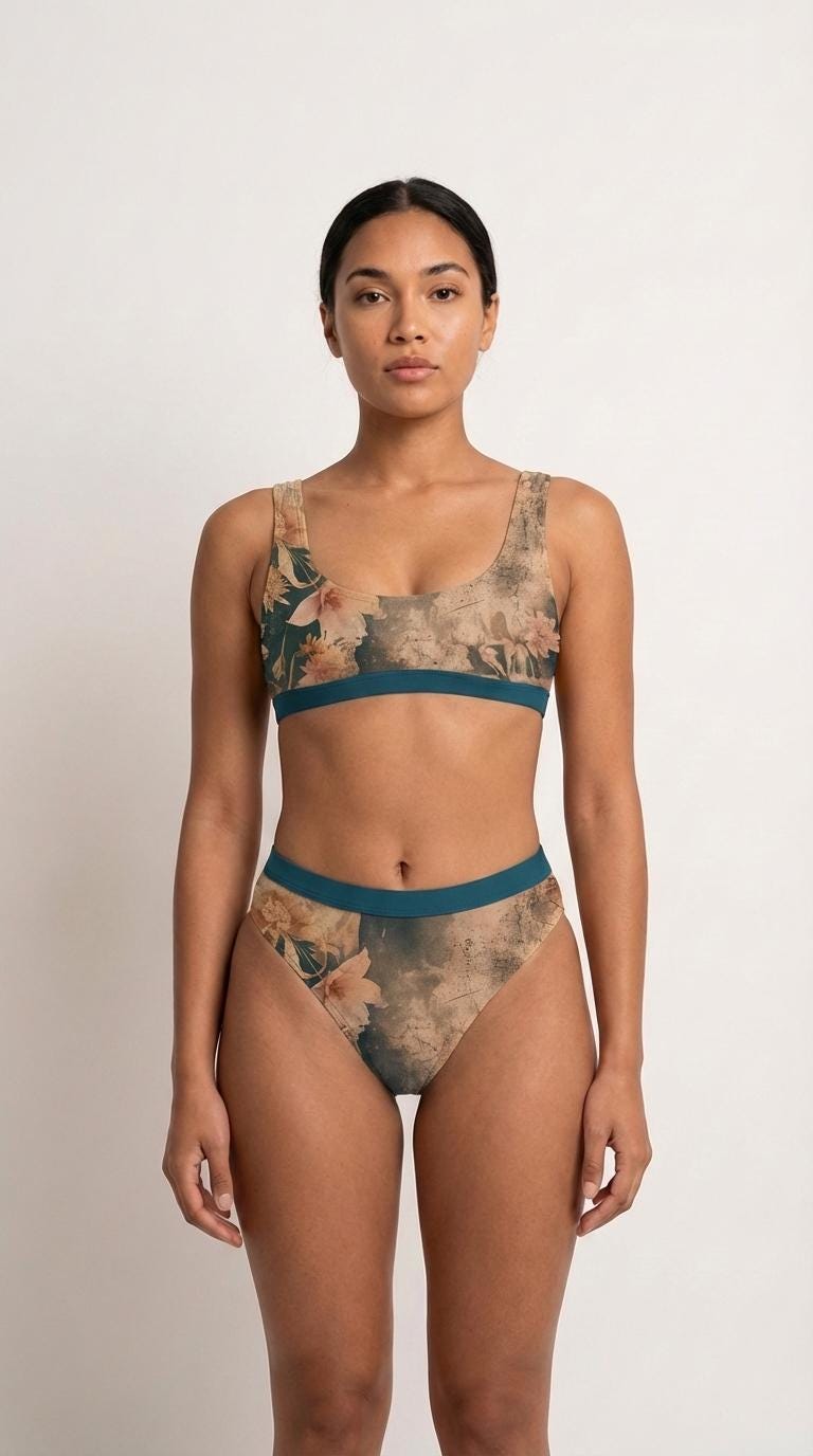 Retro Grunge Florals Sporty Sexy Surfing Bikini – High-Waisted Swimsuit, Scoop-Neck Crop-Top, Flattering High-Leg