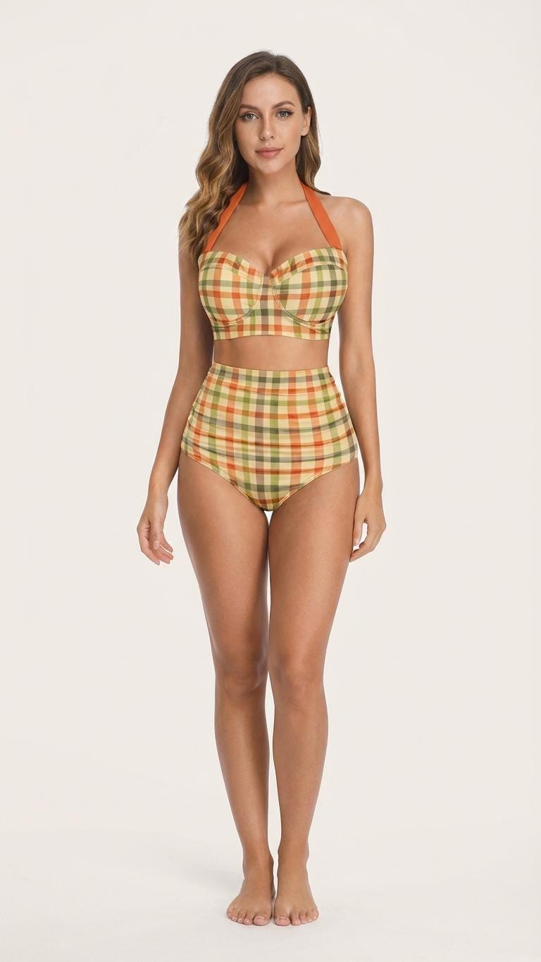 Retro Sweetheart High-Waist Bikini, 1970s-Inspired Pin Up Halter Swimsuit, Beige