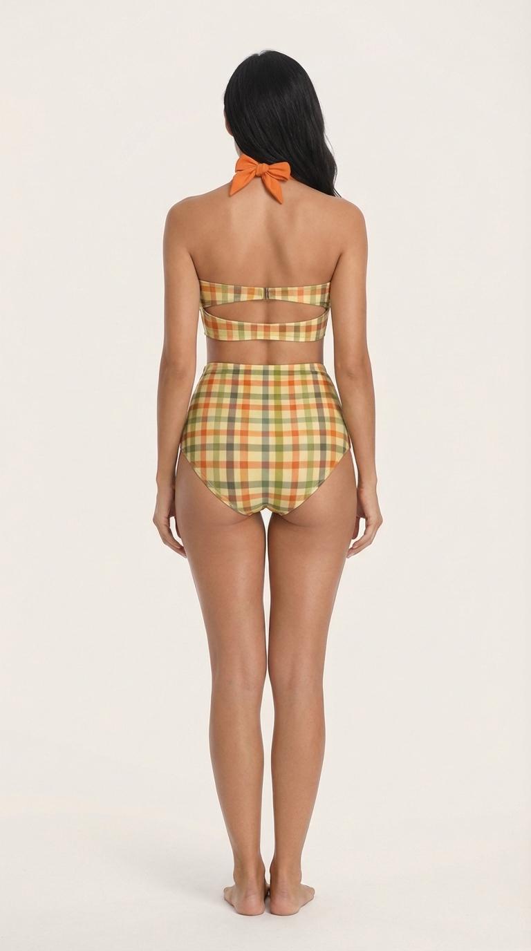 Retro Sweetheart High-Waist Bikini, 1970s-Inspired Pin Up Halter Swimsuit, Beige