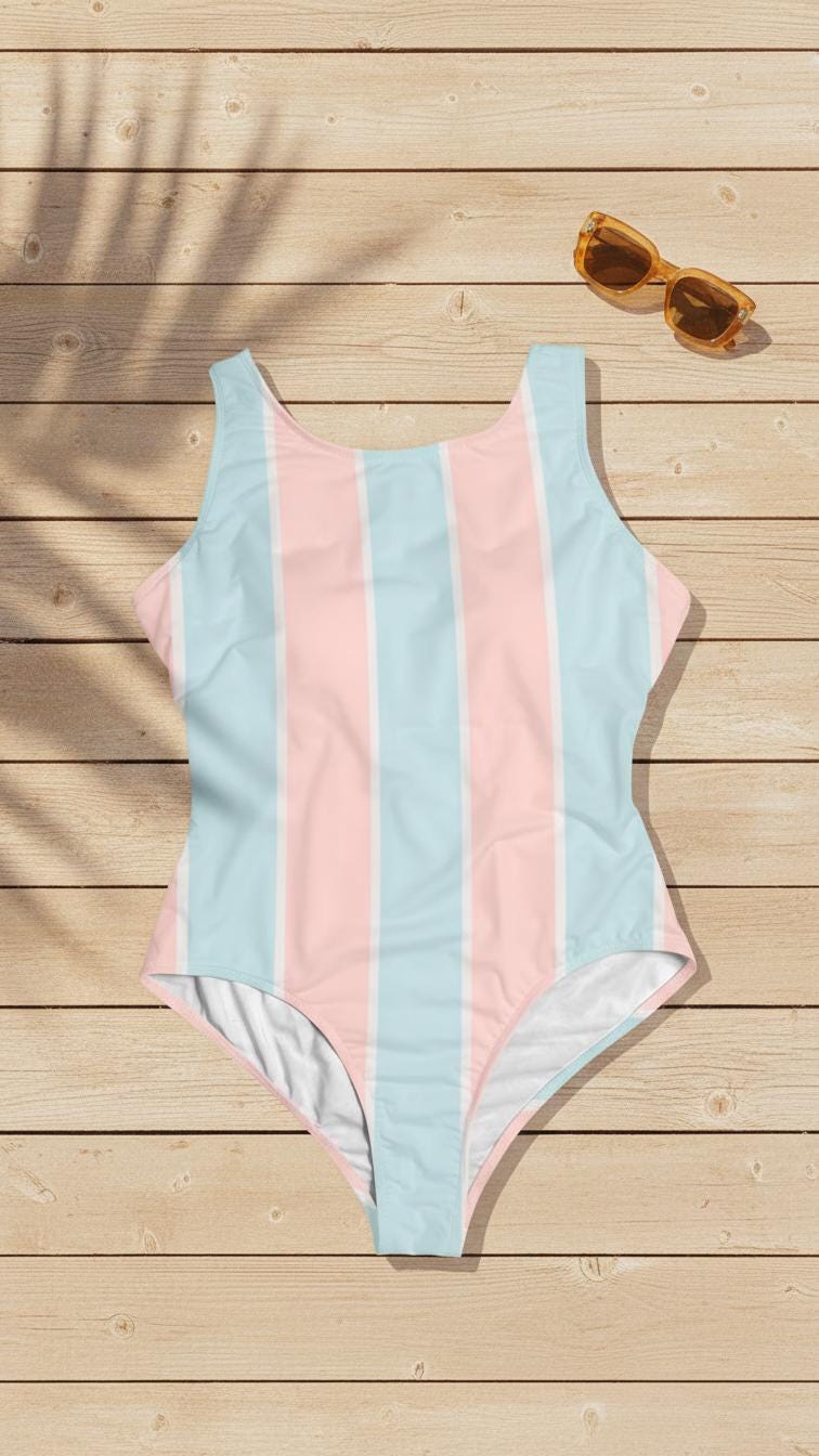 Retro 60s Coquette Striped One-Piece Swimsuit – Classic Vintage-Inspired Swimwear S-5XL 70s, Modest, Pastel Colours