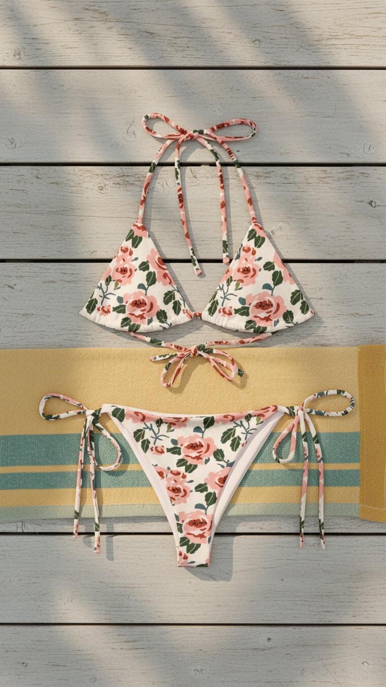 Rose Print String Bikini – Retro Floral Swimsuit, Recycled Fabric