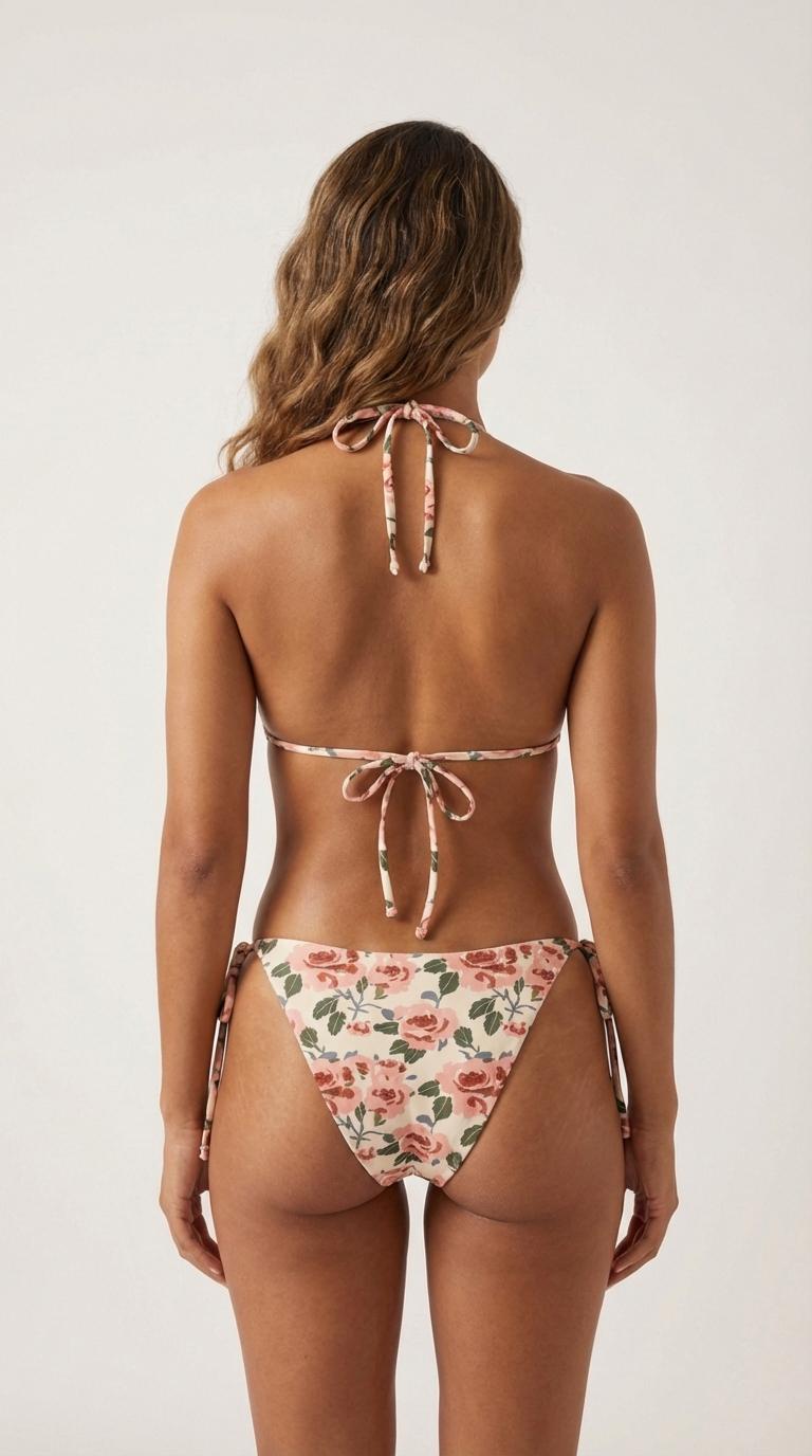 Rose Print String Bikini – Retro Floral Swimsuit, Recycled Fabric
