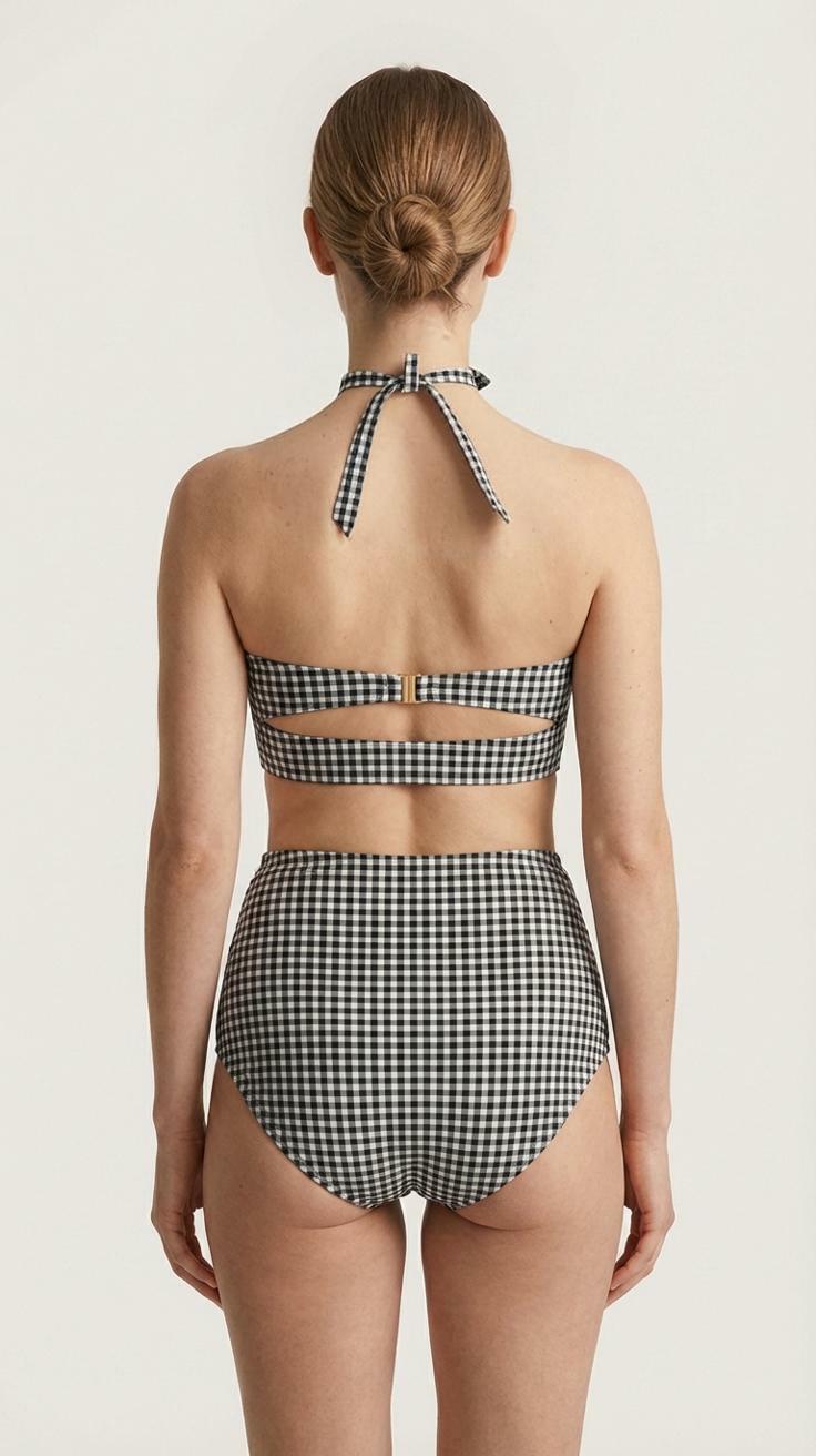 Coquette Vintage-Inspired High-Waist Bikini, Retro Pin-Up 50s Gingham Halter Two-Piece Swimsuit, Black