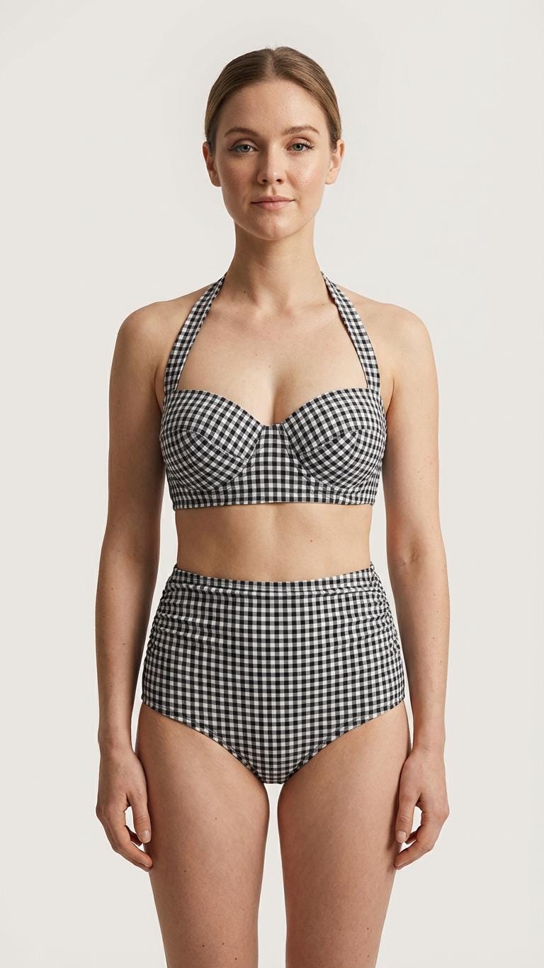 Coquette Vintage-Inspired High-Waist Bikini, Retro Pin-Up 50s Gingham Halter Two-Piece Swimsuit, Black