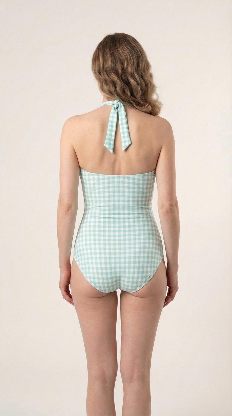 Romantic Coquette Vintage-Inspired Pin Up Gingham Traditional Halter One-Piece Swimsuit, Padding Tummy Control, Mint