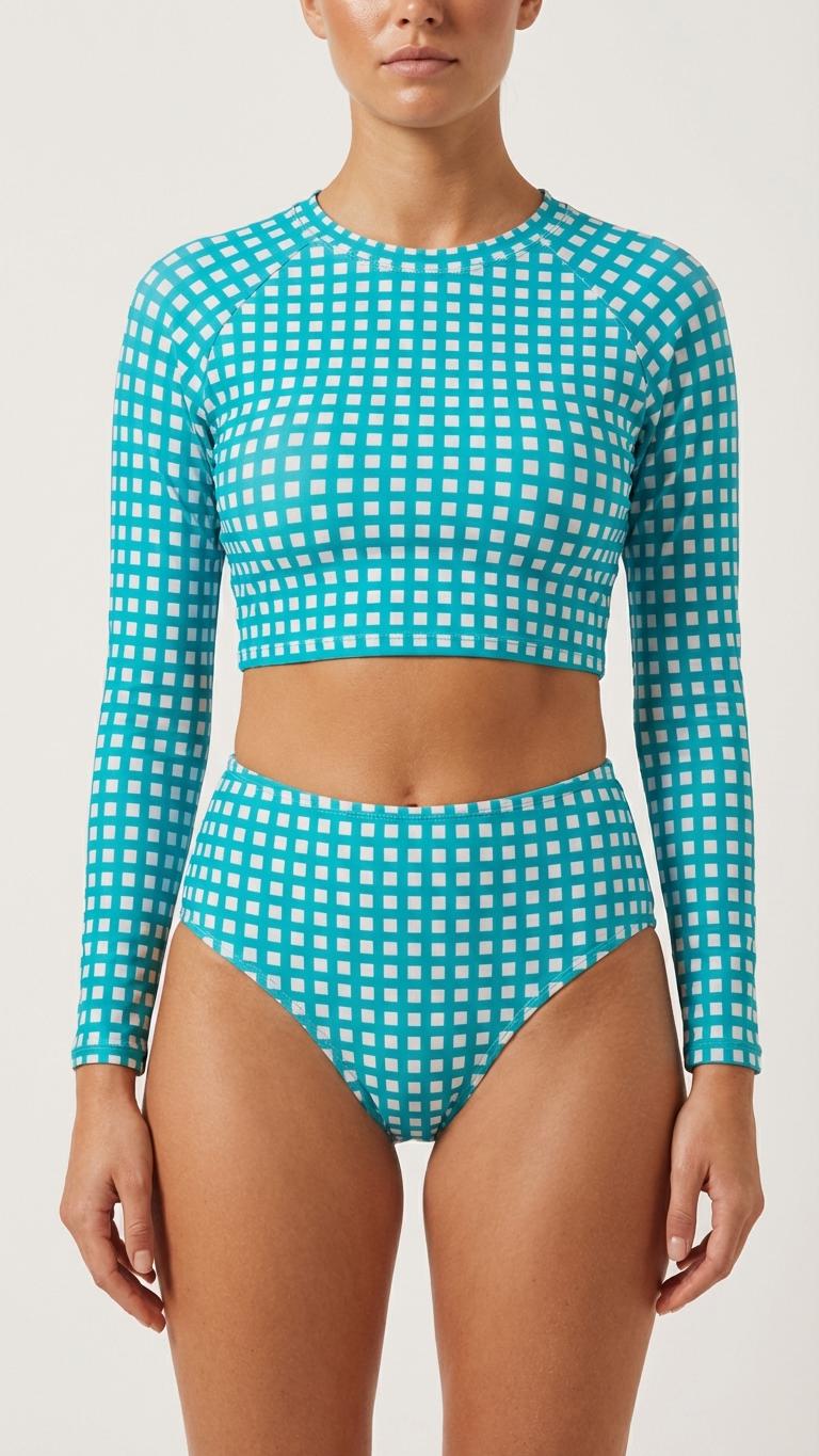 Retro Gingham Surf Suit | Turquoise Long Sleeve Crop Top Bikini