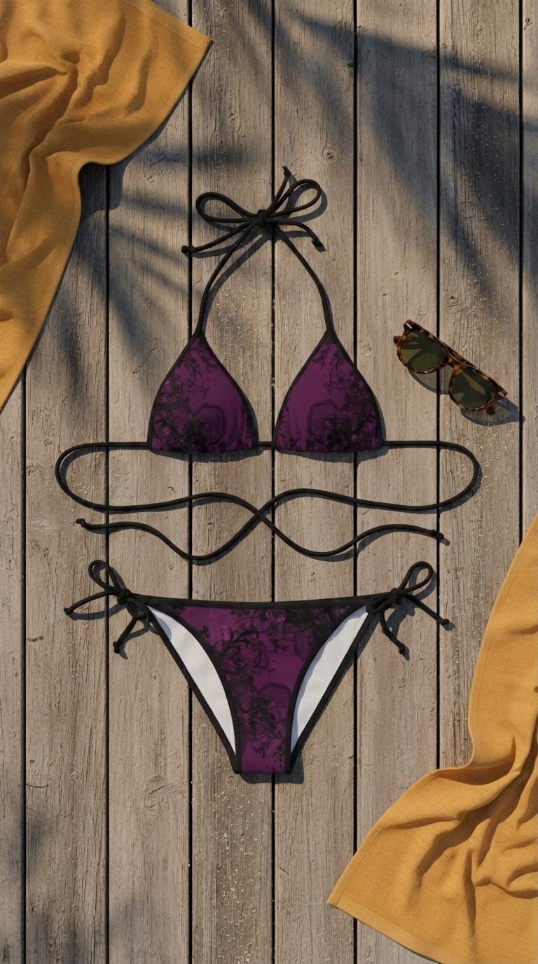 Dark Romantic Goth Lace Purple Bikini – Black Trim, Retro Floral Noir Style