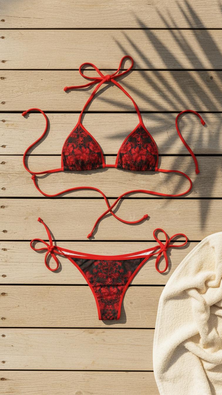 Red Grunge Lace Bikini - Goth Romantic Swimwear, Tie Bottom