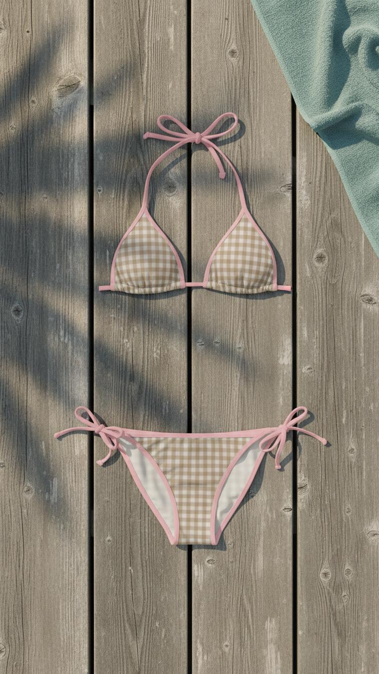 Gingham Bikini – Retro Pink Trim Cottagecore Swimwear