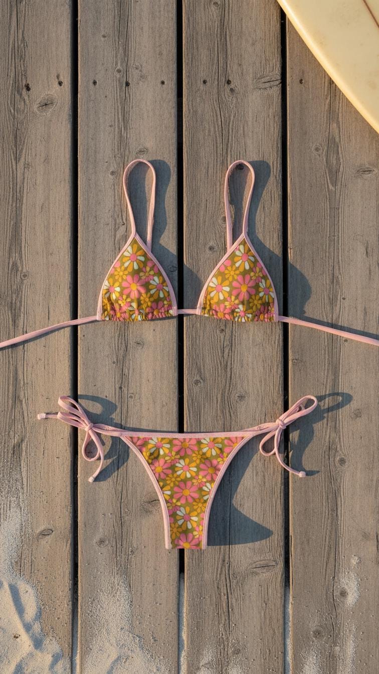Retro 70s Daisy Triangle Bikini with Pink Trim – Groovy Mustard Floral Print