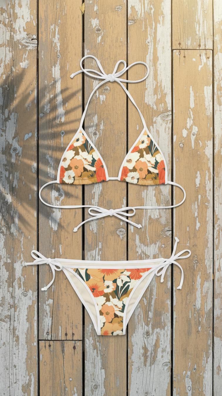 Retro Hawaii Floral Bikini – Surf-Style Hibiscus Print, White Trim, 70s Beach Vibes (S–5XL)