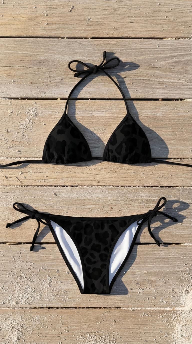 Black Grunge Leopard Triangle Bikini – Animal Print, Black Trim, S to 5XL