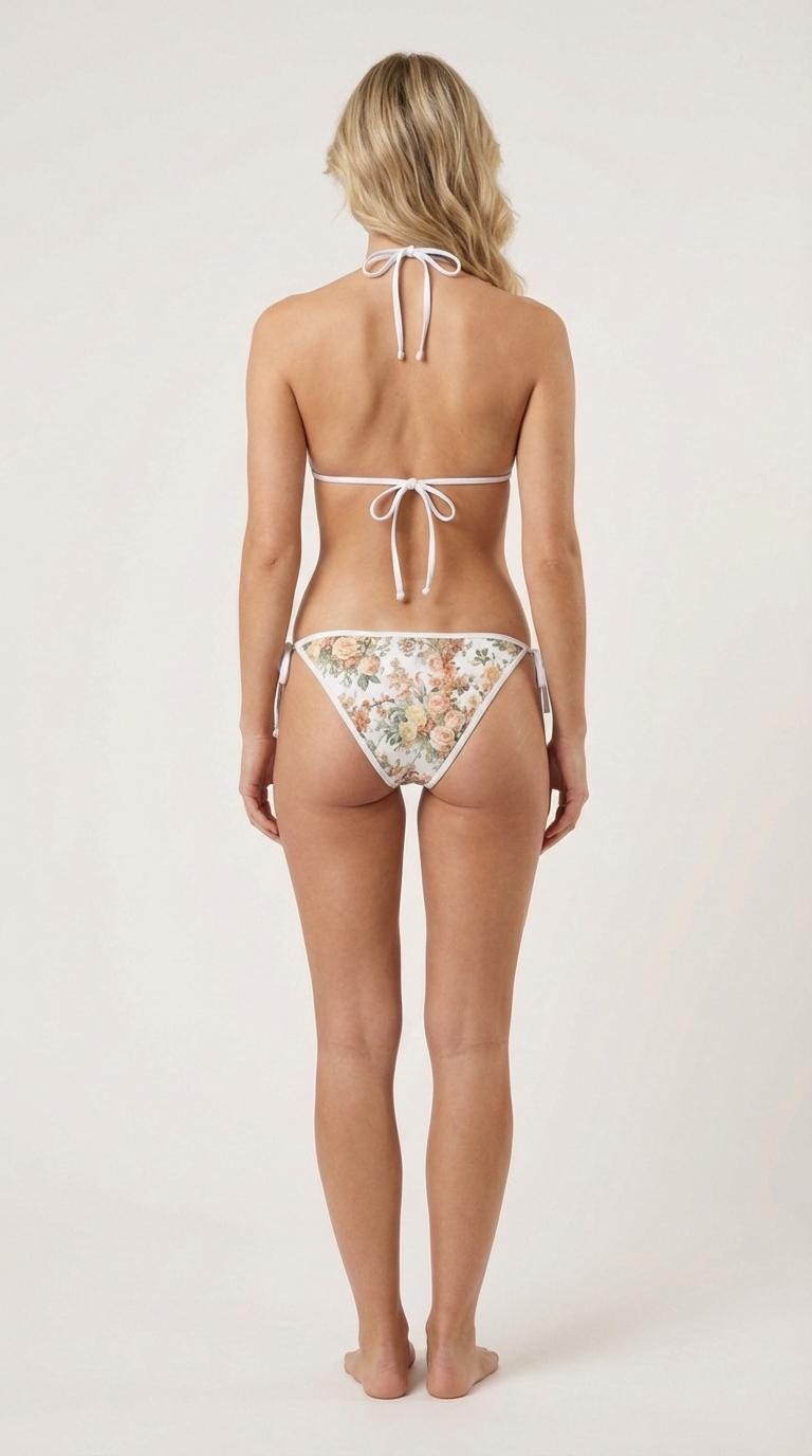 Antique Garden Vintage Floral Bikini – Romantic Rose Print, White Trim, Sizes S to 5XL