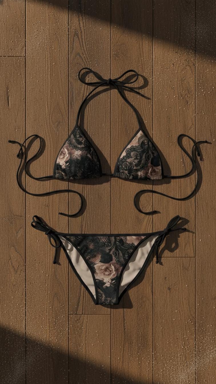 Dark Coquette Grunge Goth Lace Baroque Roses Black Trim Bikini, Adjustable Triangle Swimsuit (S-5XL)