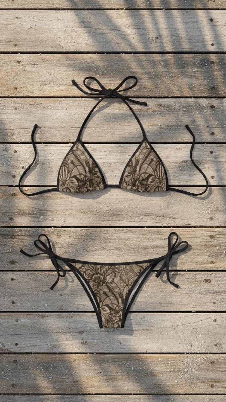 Dark Coquette Lace Print Bikini Set – Gothic Romantic Printed Swimsuit