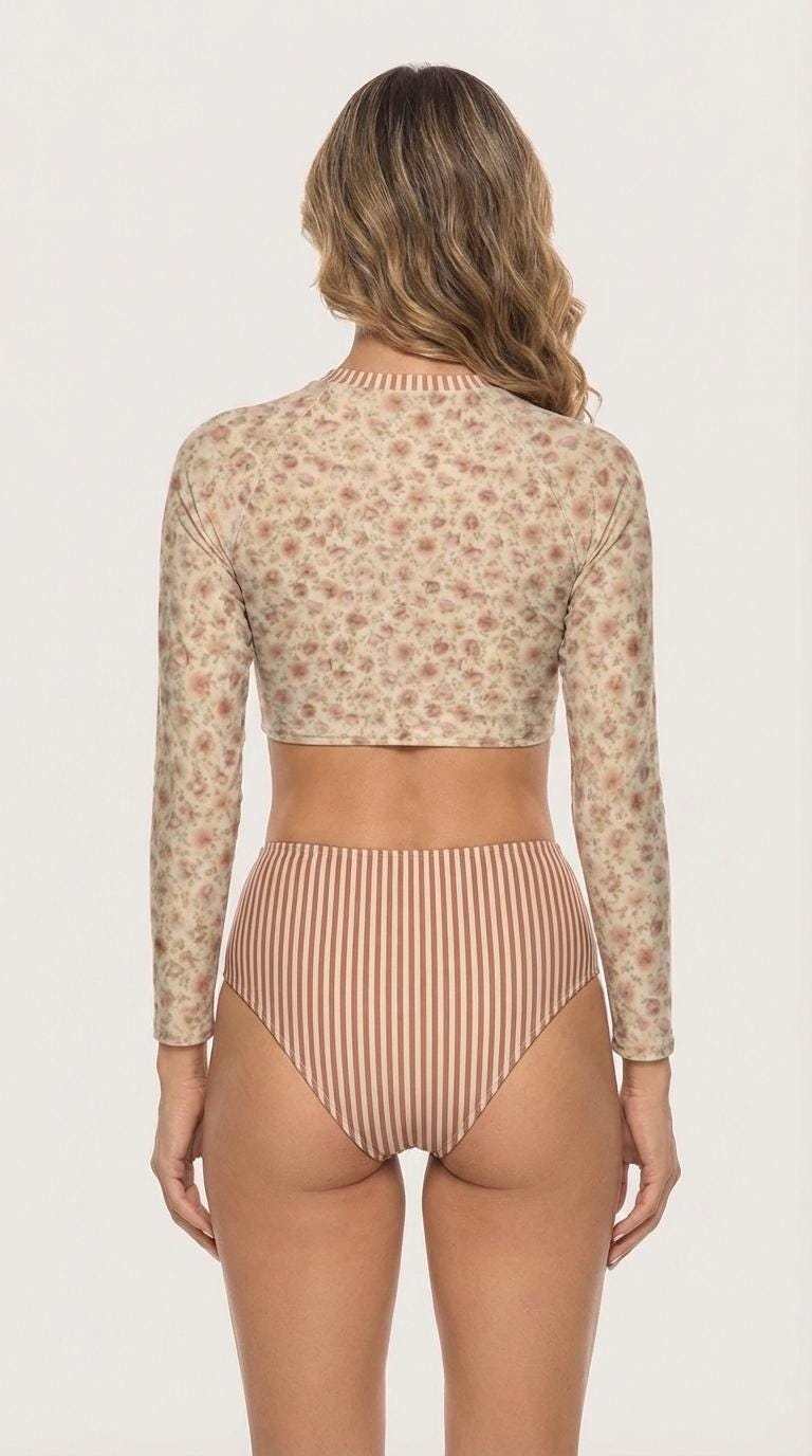 Vintage-Inspired Stripes & Floral Two-Piece Swimsuit | Retro Surf Long-Sleeve Crop-Top | High-Waisted Bottoms | Coquette Roses
