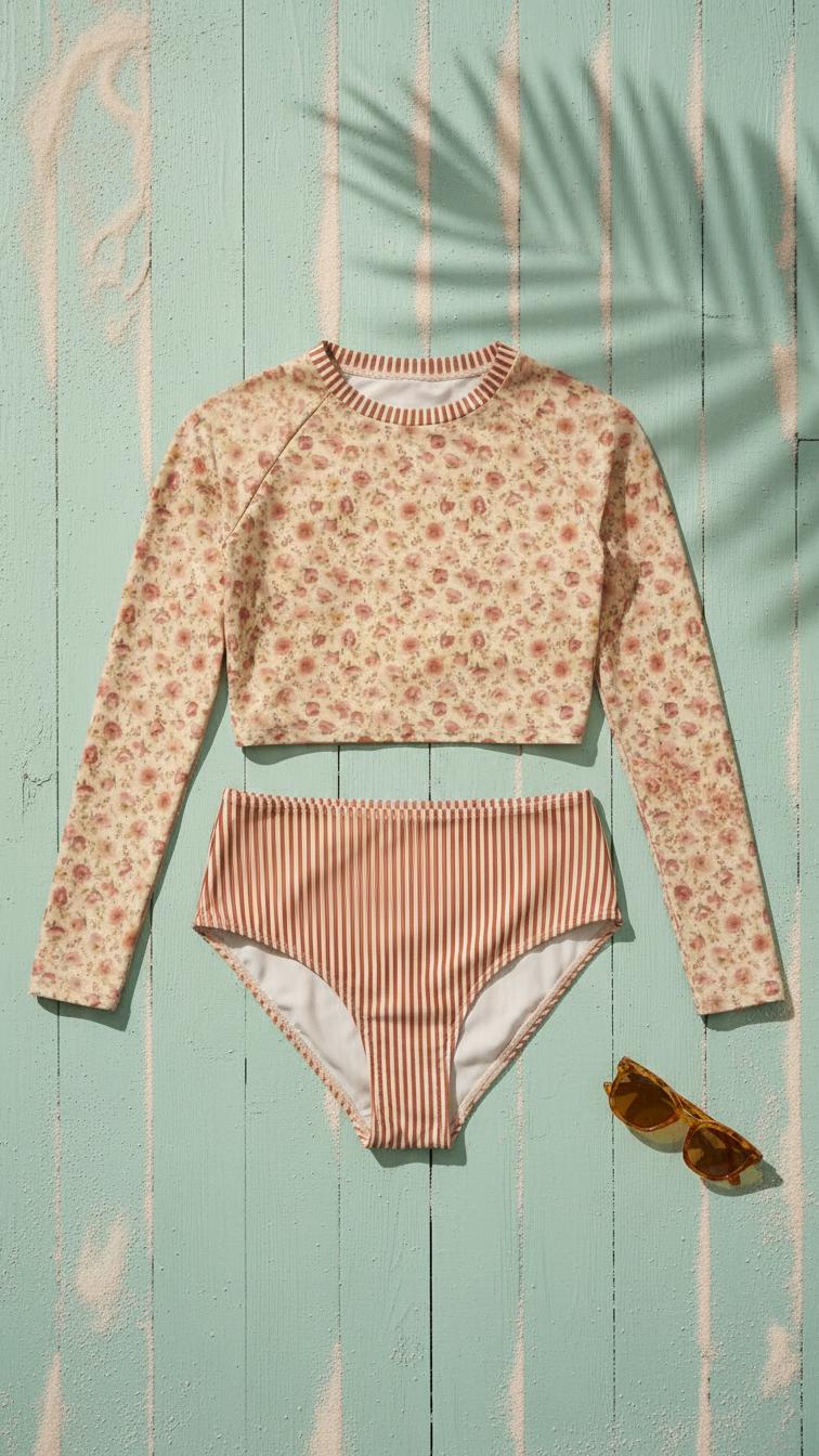 Vintage-Inspired Stripes & Floral Two-Piece Swimsuit | Retro Surf Long-Sleeve Crop-Top | High-Waisted Bottoms | Coquette Roses