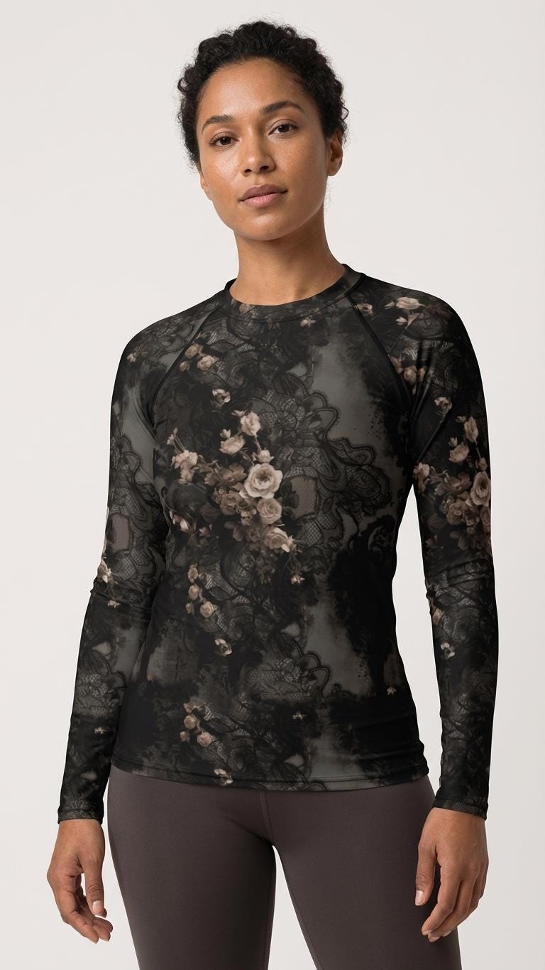 Classic Grunge Goth Surf Swim-Shirt, Brown Raglan Rash-Guard, Sun Protection - Lace & Roses (Top Only)