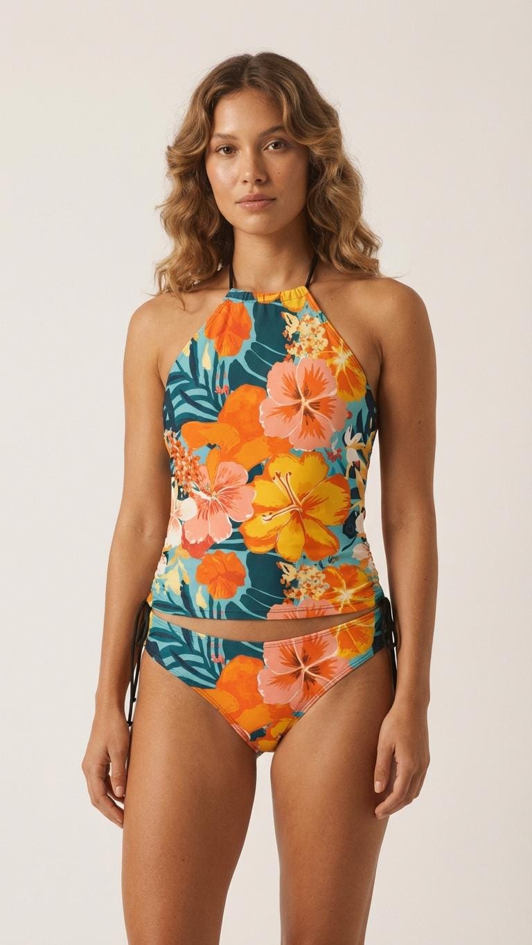 Floral Halterneck Tankini – Retro Hawaiian Two-Piece Swimsuit