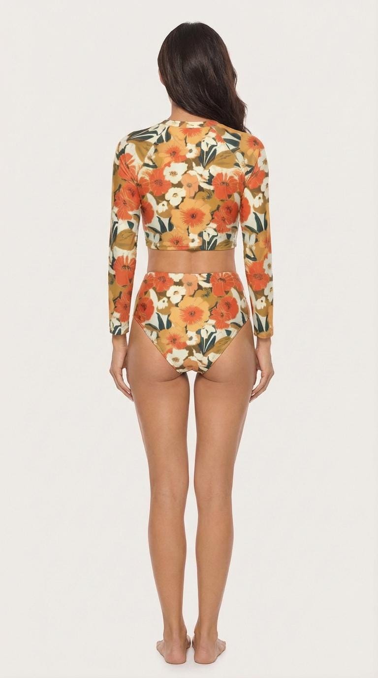 70s Surf Colours Sporty Retro Long-Sleeve Crop-Top Bikini | High-Waist Two-Piece | Hawaiian Flowers