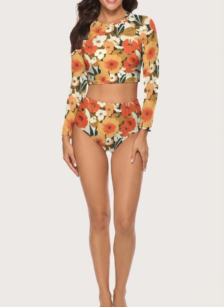 70s Surf Colours Sporty Retro Long-Sleeve Crop-Top Bikini | High-Waist Two-Piece | Hawaiian Flowers