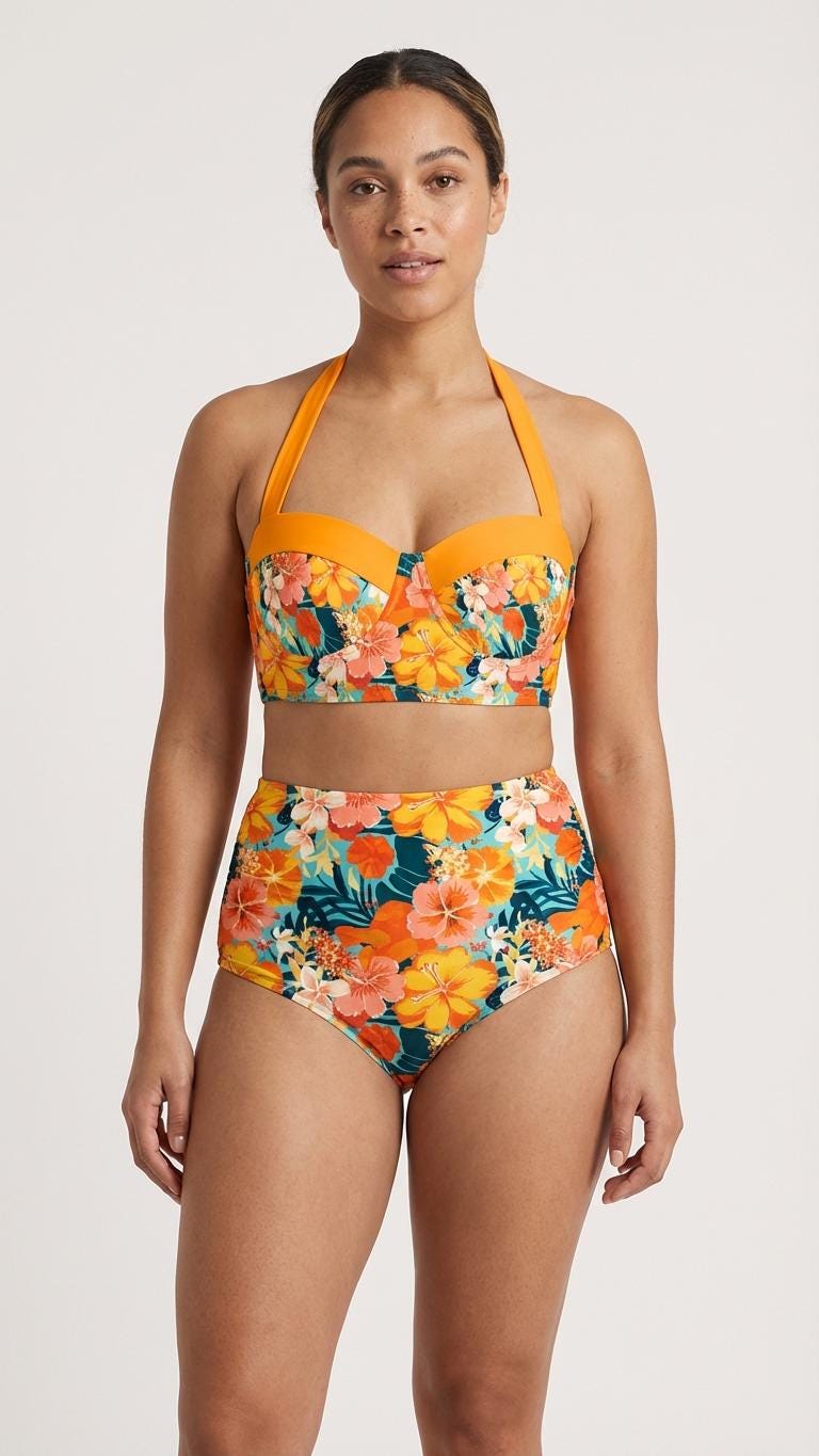 Vintage High-Waisted Bikini | Surf Ruched Halter Two-Piece Swimsuit Pin-Up Bathing Suit | Retro Hawaii Florals