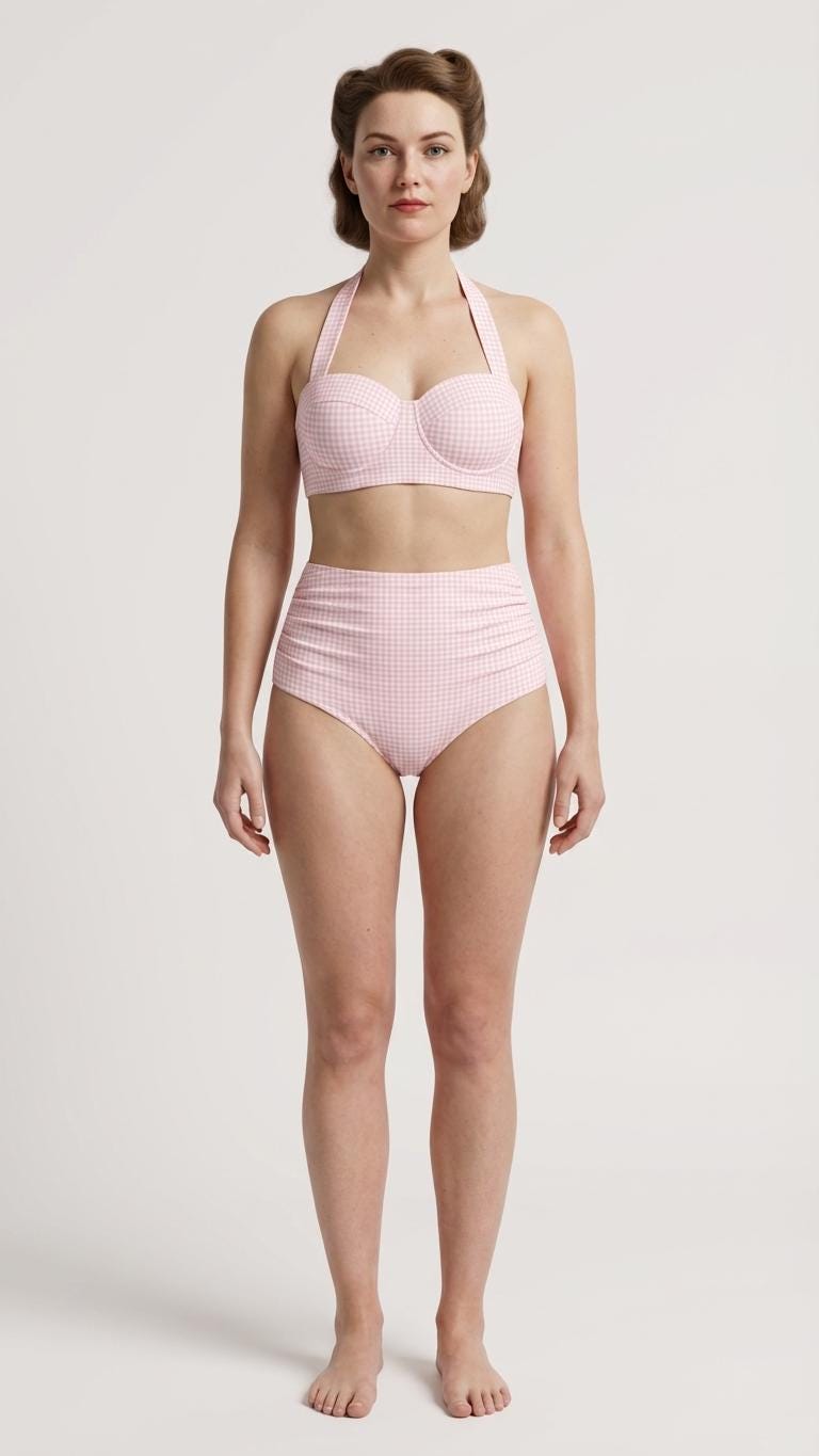Coquette Vintage-Inspired High-Waist Bikini, Retro Pin Up 50s Gingham Pink Two-Piece Swimsuit