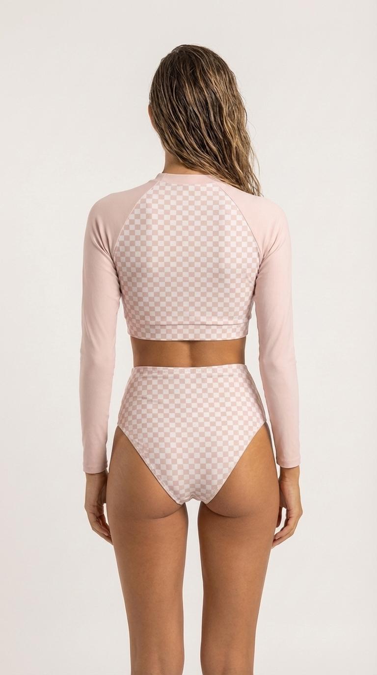 Blush Coquette Checker Two-Piece Swimsuit, Long Sleeve Crop Rash Guard High-Waist & Lightweight, Removable Pads