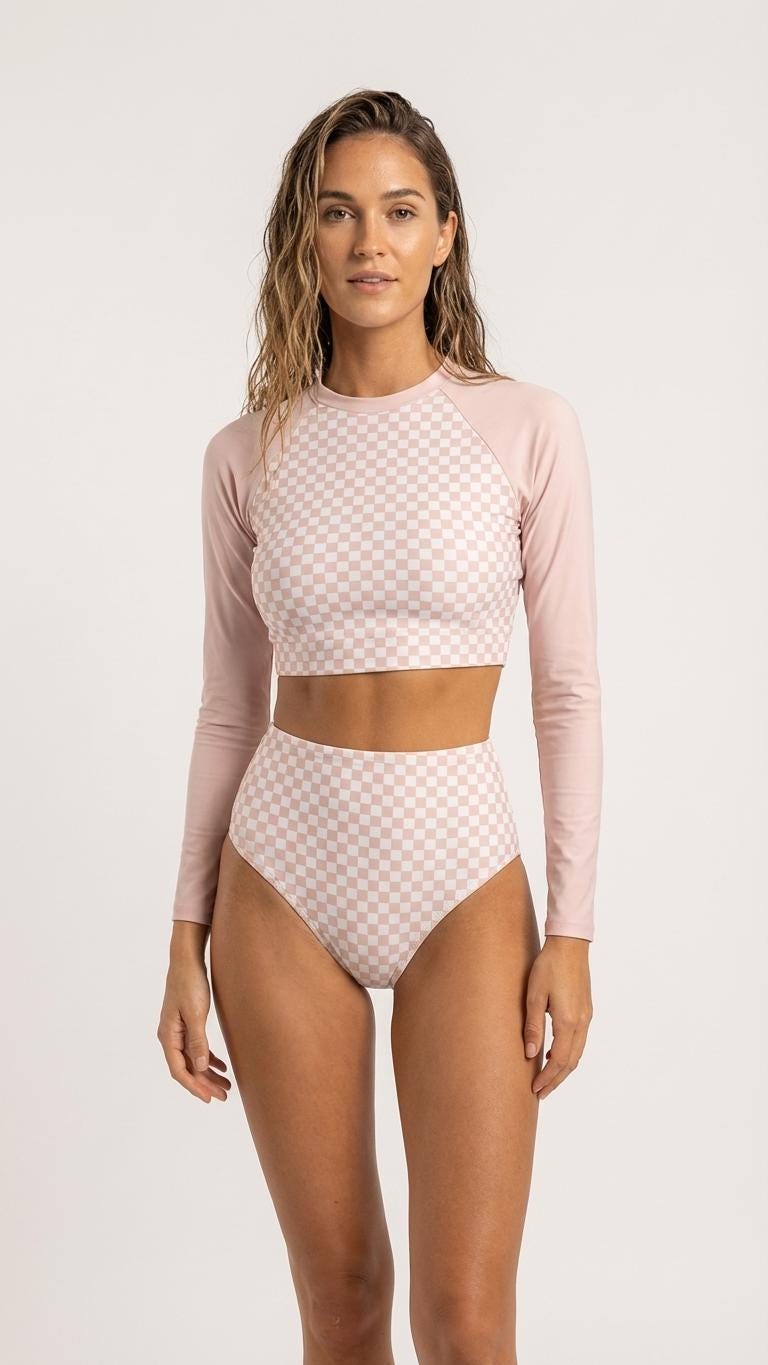 Blush Coquette Checker Two-Piece Swimsuit, Long Sleeve Crop Rash Guard High-Waist & Lightweight, Removable Pads